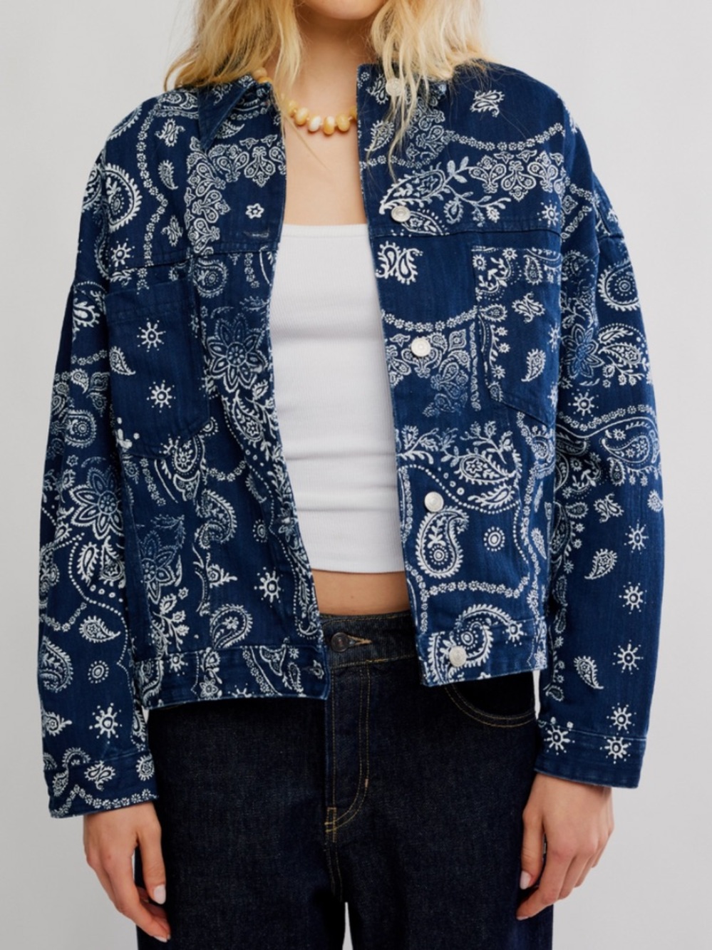 NWOT Free People We The Free Opal Swing Printed Denim Jacket Size Small